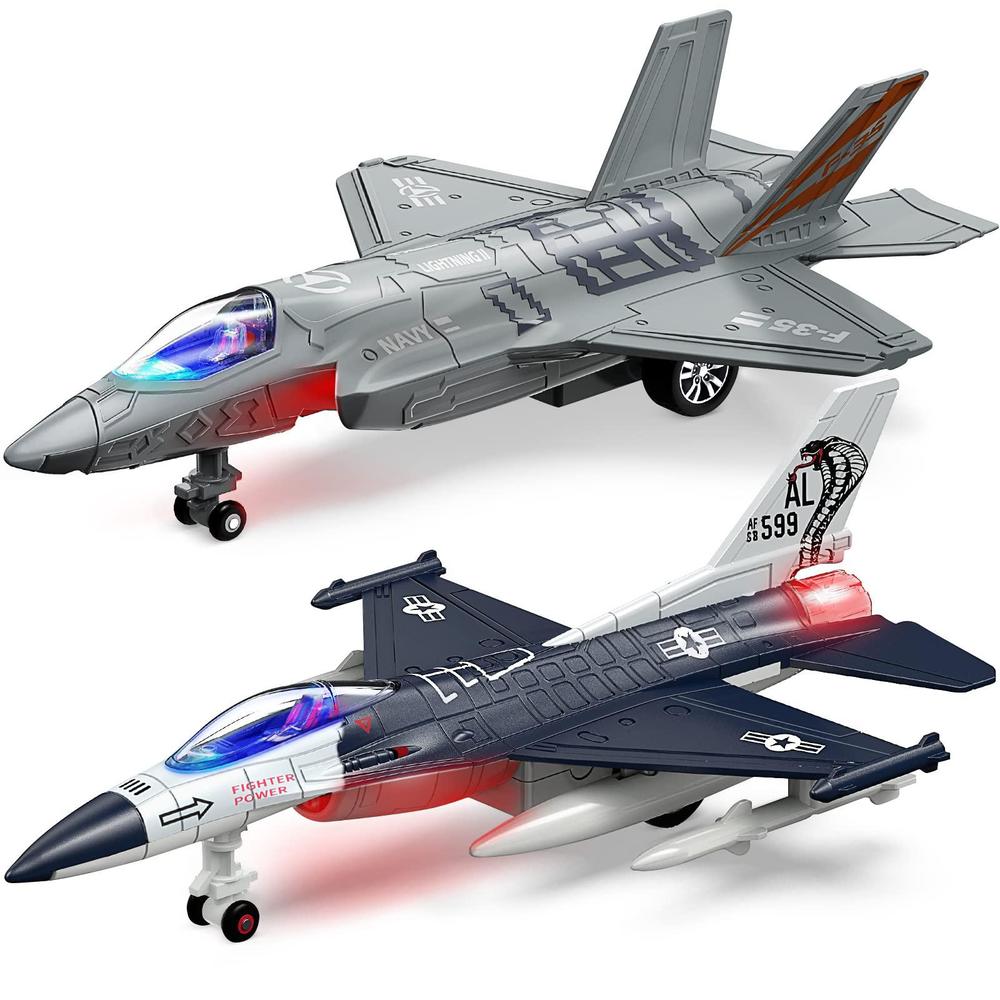geyiie airplane toys for kids, army fighter jet diecast plane toys helicopter for boys grils, pull back airplanes with light,