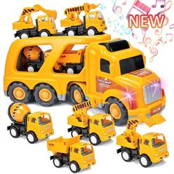 SHCKE construction trucks toys for 3 4 5 6 years old toddlers kids, small crane mixer dump excavator toy with real sounds & lights,
