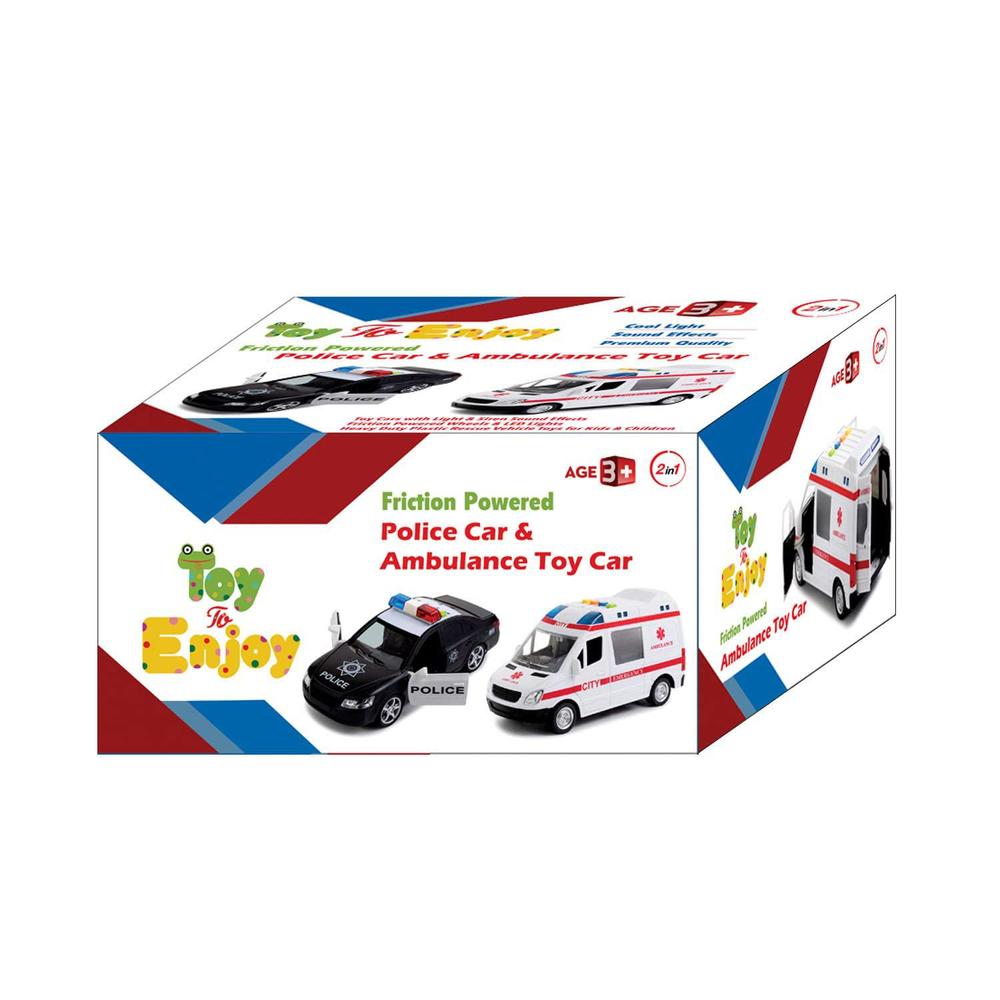 toy to enjoy police & ambulance car set for boys & girls friction powered, with lights and sirens