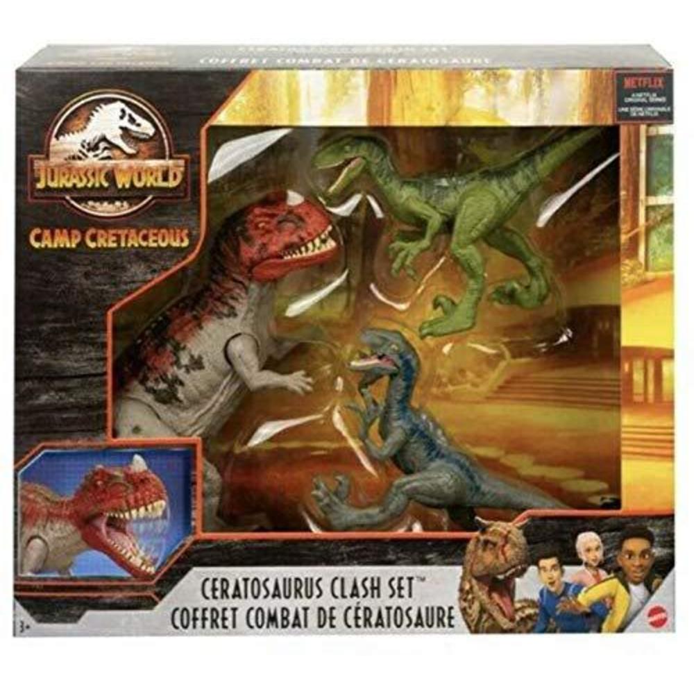 Universal Studios jurassic world camp cretaceous isla nublar ceratosaurus clash set with ceratosaurus and 2 velociraptors