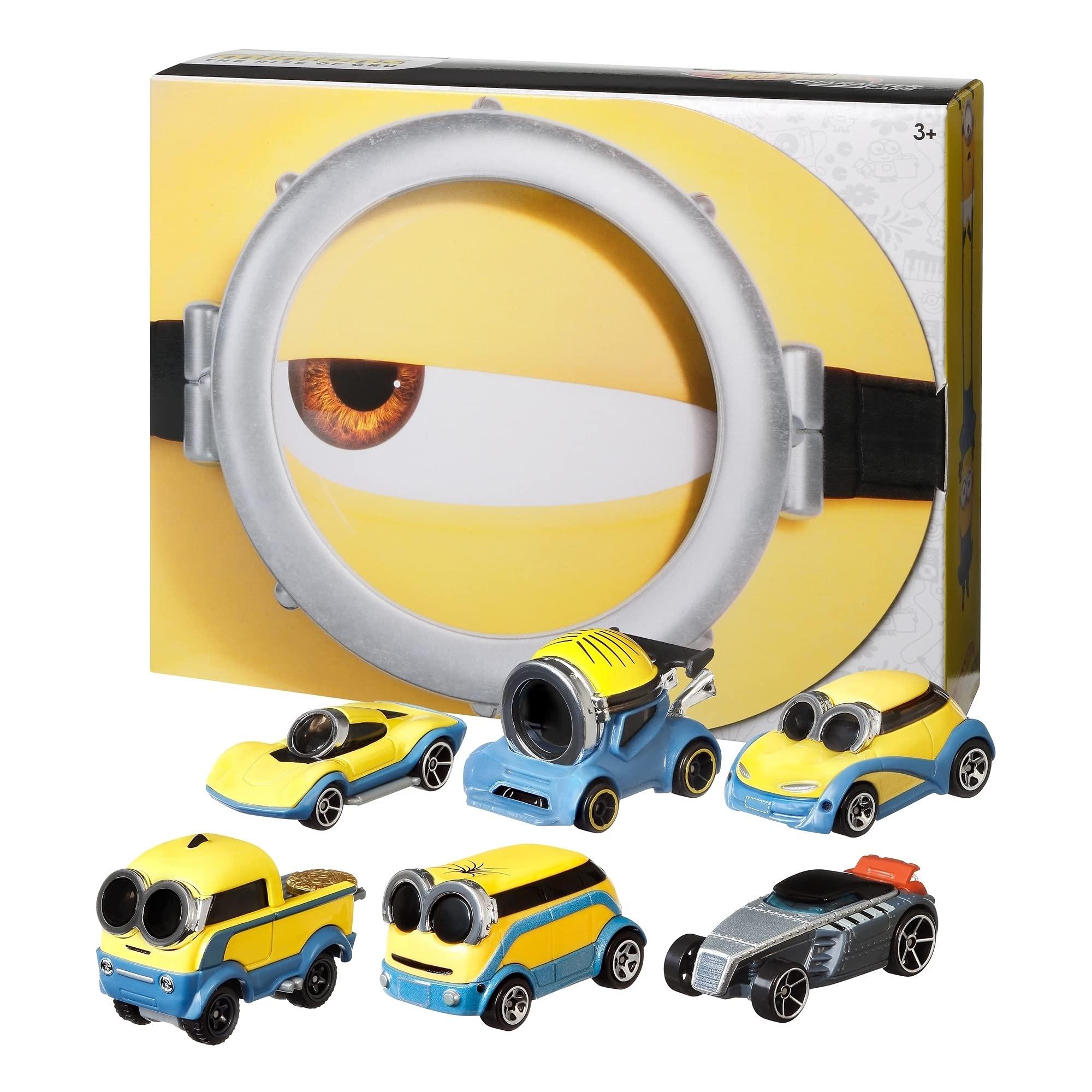 hot wheels minions bundle 6-pack of vehicles 1:64 scale themed to minions: the rise of gru movie, character cars, gift for ag