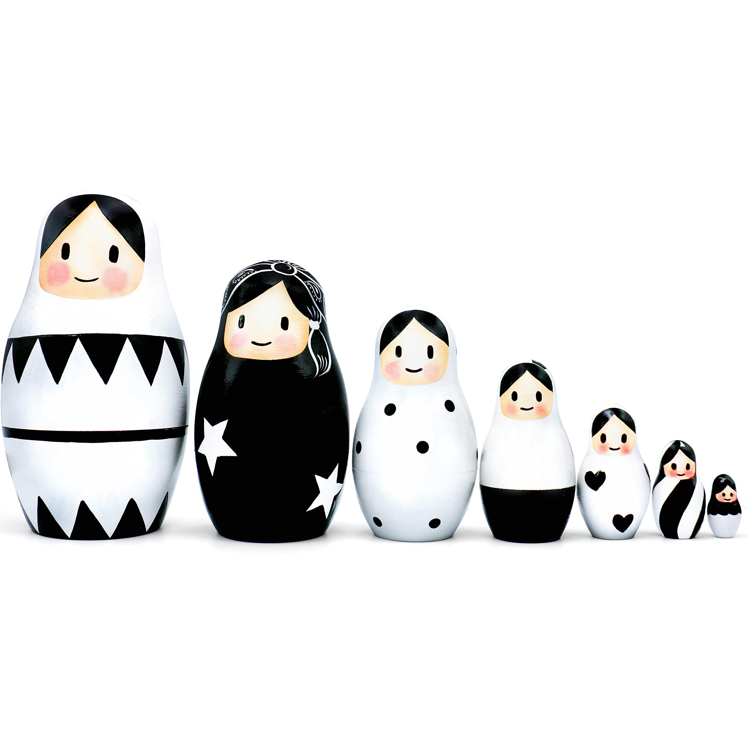 aevvv black and white russian nesting dolls set of 7 pcs - matryoshka doll for black and white decor - black and white decora