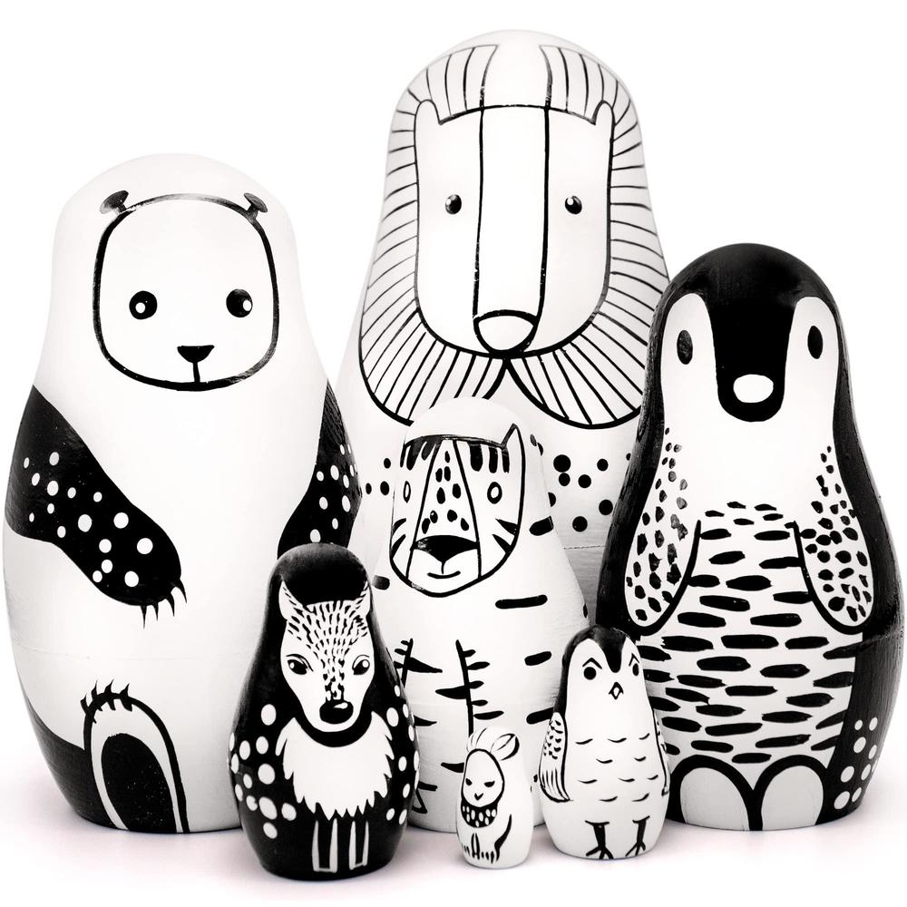 aevvv black and white wooden animals nesting dolls set of 7 pcs - matryoshka doll - black and white toys - wooden stacking an