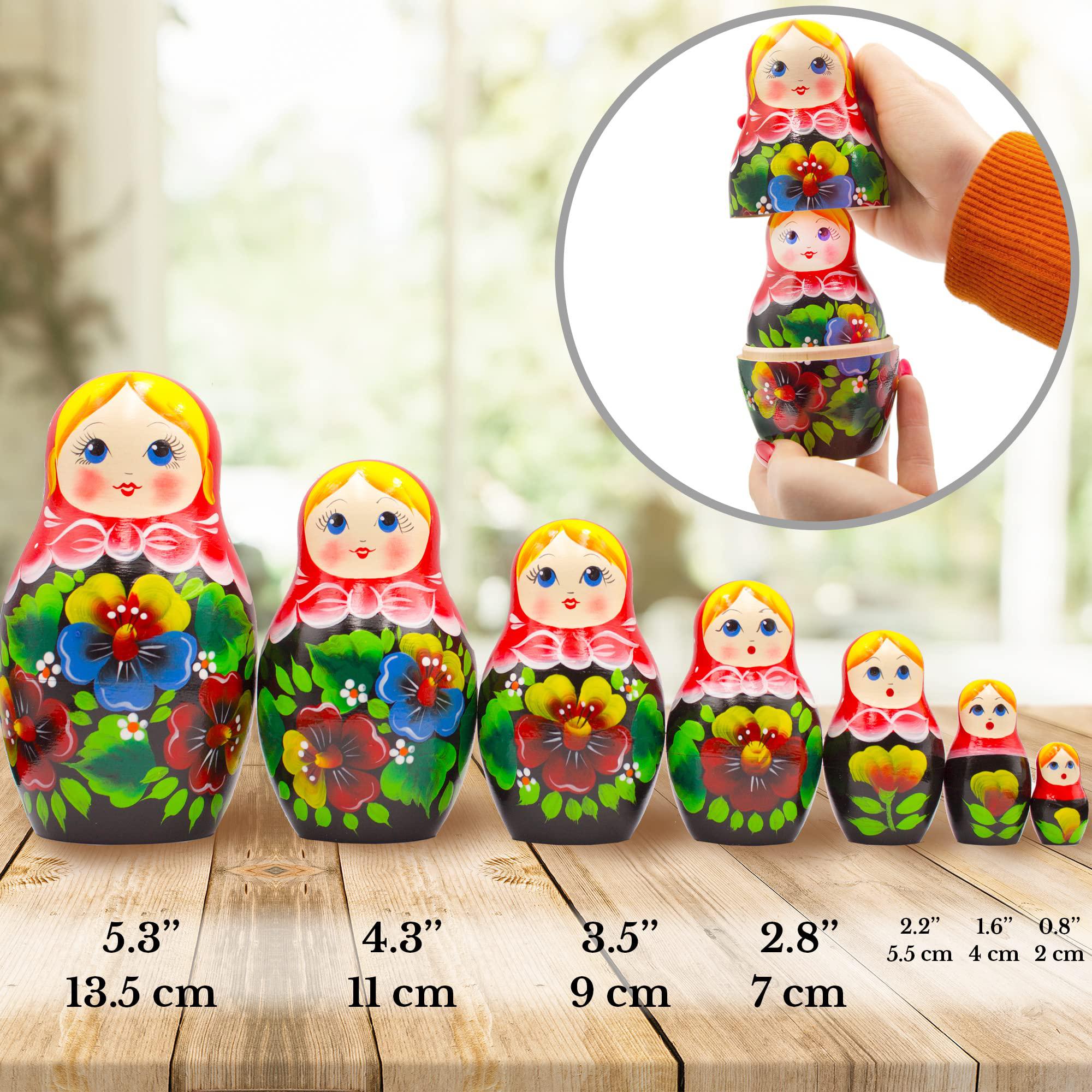 aevvv russian nesting dolls set of 7 pcs - matryoshka dolls in red head scarf and sarafan dress with pansy flowers - handmade