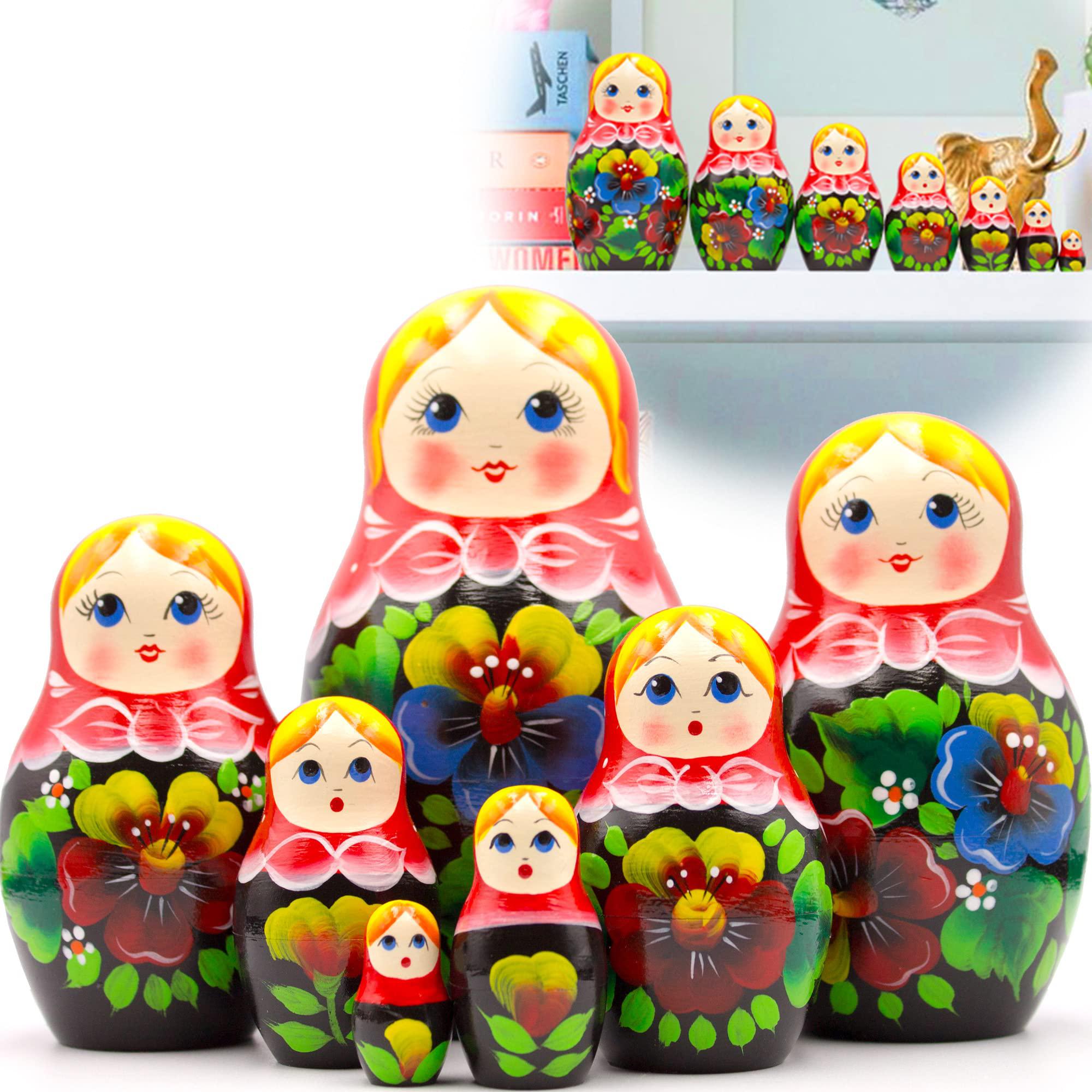 aevvv russian nesting dolls set of 7 pcs - matryoshka dolls in red head scarf and sarafan dress with pansy flowers - handmade