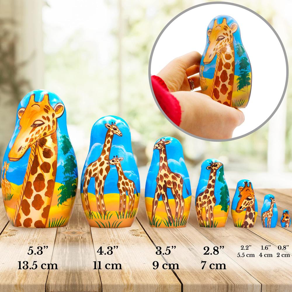 aevvv giraffe nesting dolls set of 7 pcs - african animals nesting dolls with giraffe figurine - handmade giraffe gifts