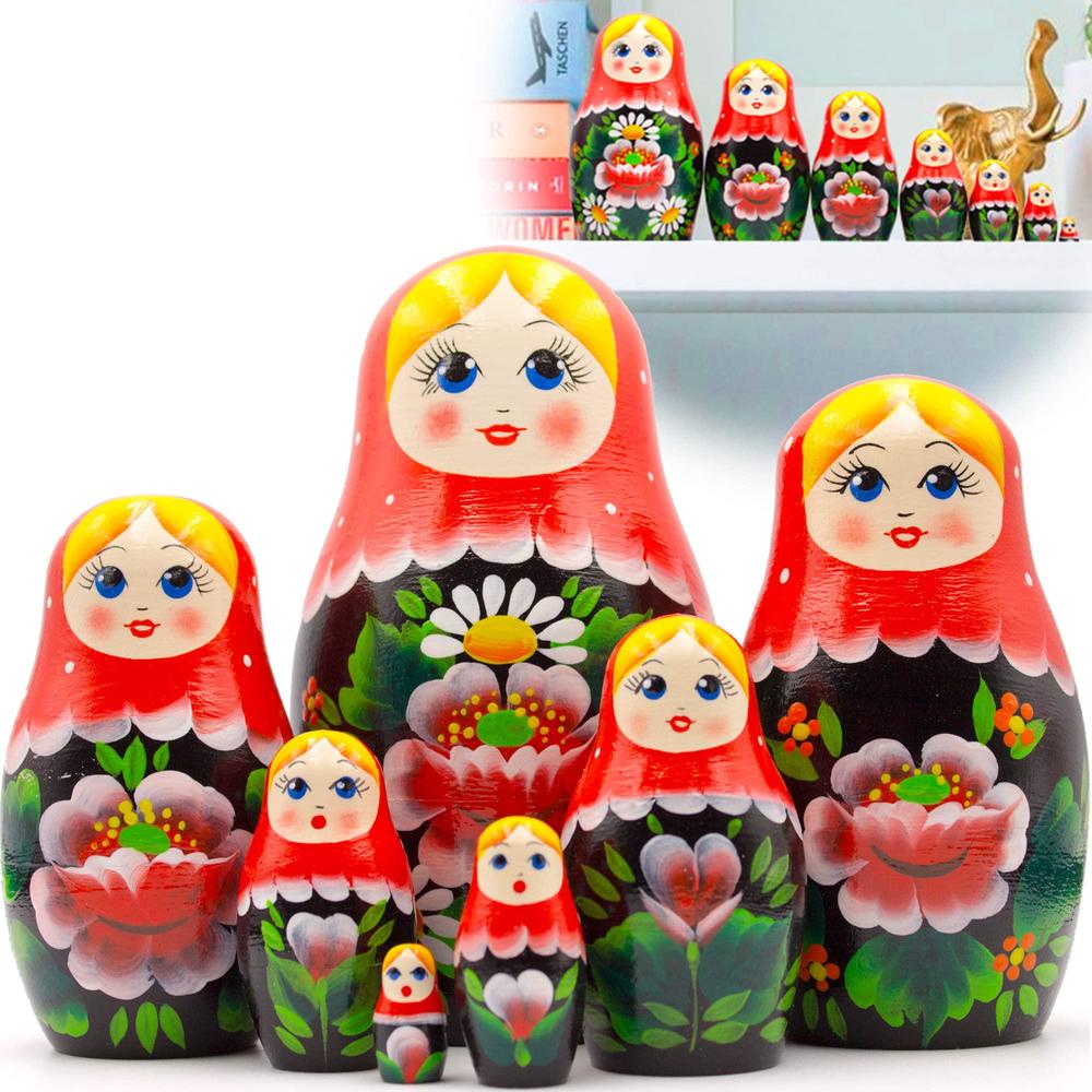 aevvv nesting dolls set of 7 pcs - baboushka nesting dolls in sarafan dress with chamomile flowers and red poppies - handmade