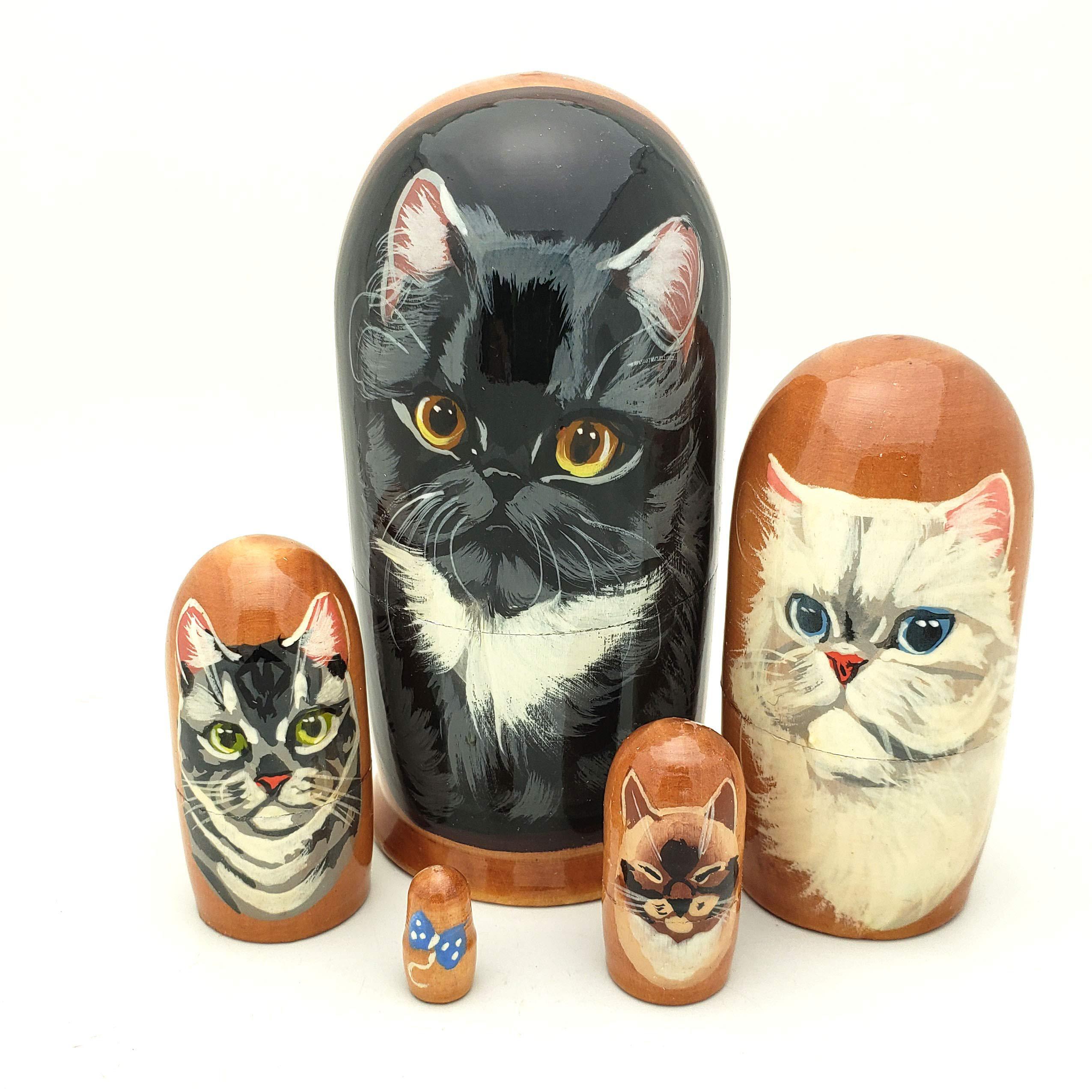 BuyRussianGifts cat black white siamese gray nesting dolls russian hand made 5 piece matryoshka 4" tall set