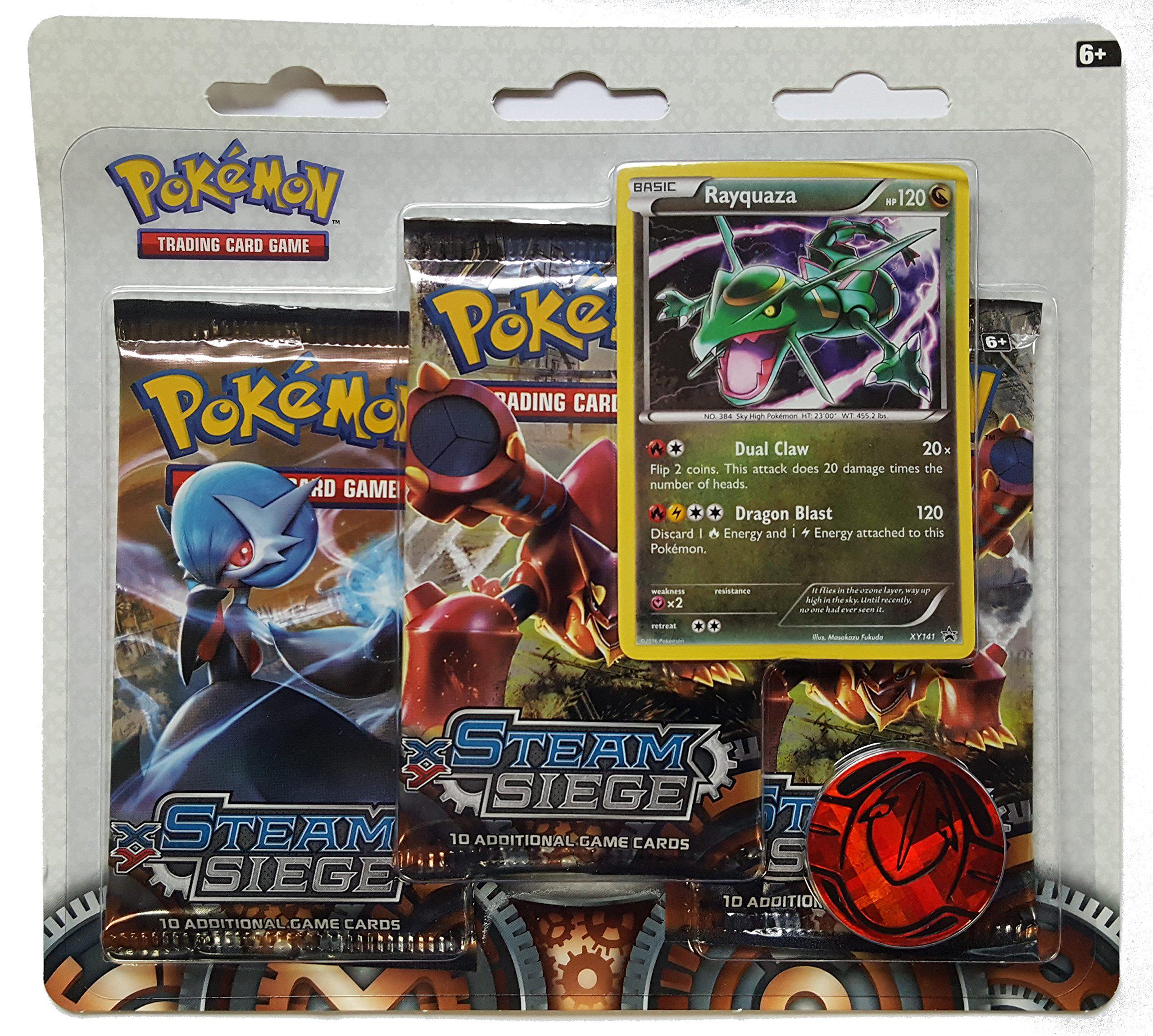 pokemon tcg: xy steam siege, blister pack containing 3 booster packs and featuring holographic rayquaza
