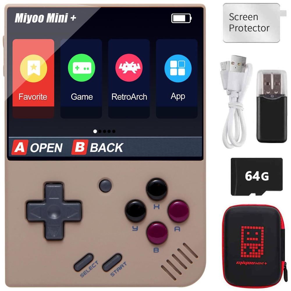 Astarama miyoo mini plus handheld game console with hard case, 3.5 inch ips screen retro video game console, built-in 64g tf card 1000