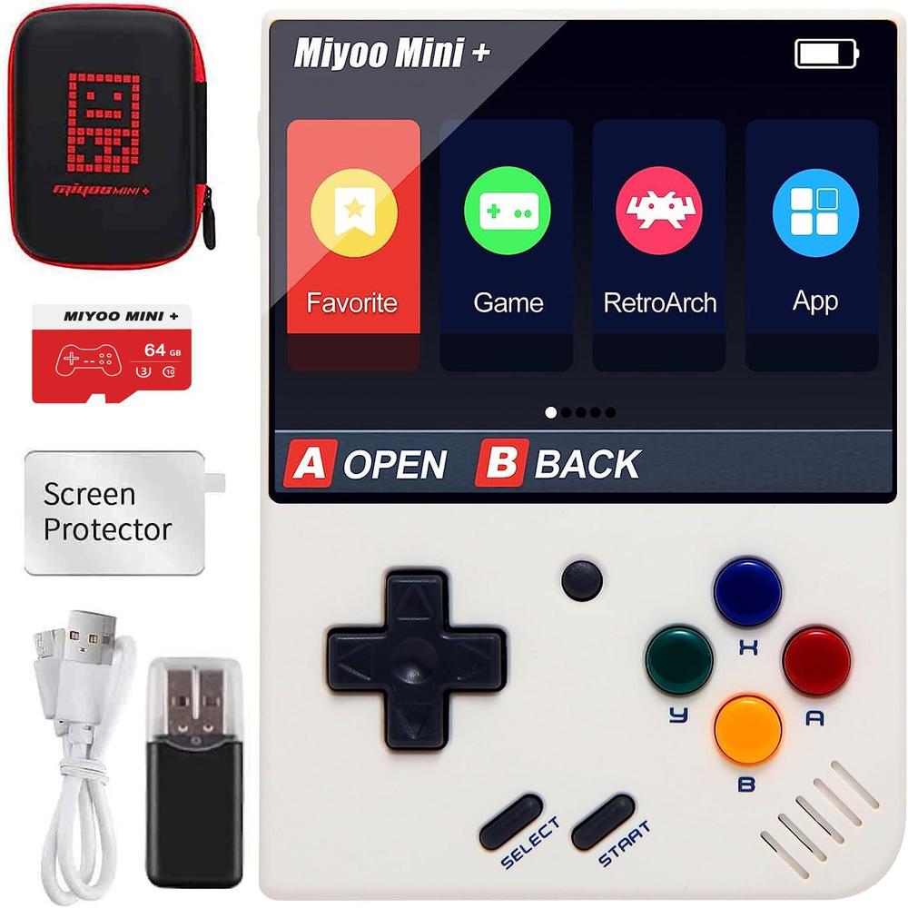Astarama miyoo mini plus handheld game console, 3.5 inch open source retro video game console with 64g tf card, built in 10000+ classi
