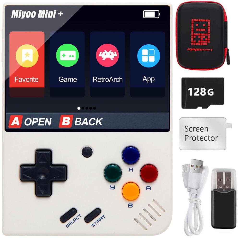Cawevon miyoo mini plus handheld game console with storage case, 3.5 inch ips 640x480 screen retro video game console with 128g tf ca