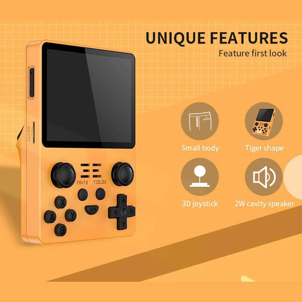 bbdi powkiddy rgb20s handheld game console, 3.5 inch ips portable retro arcade built-in 20,000 games, yellow