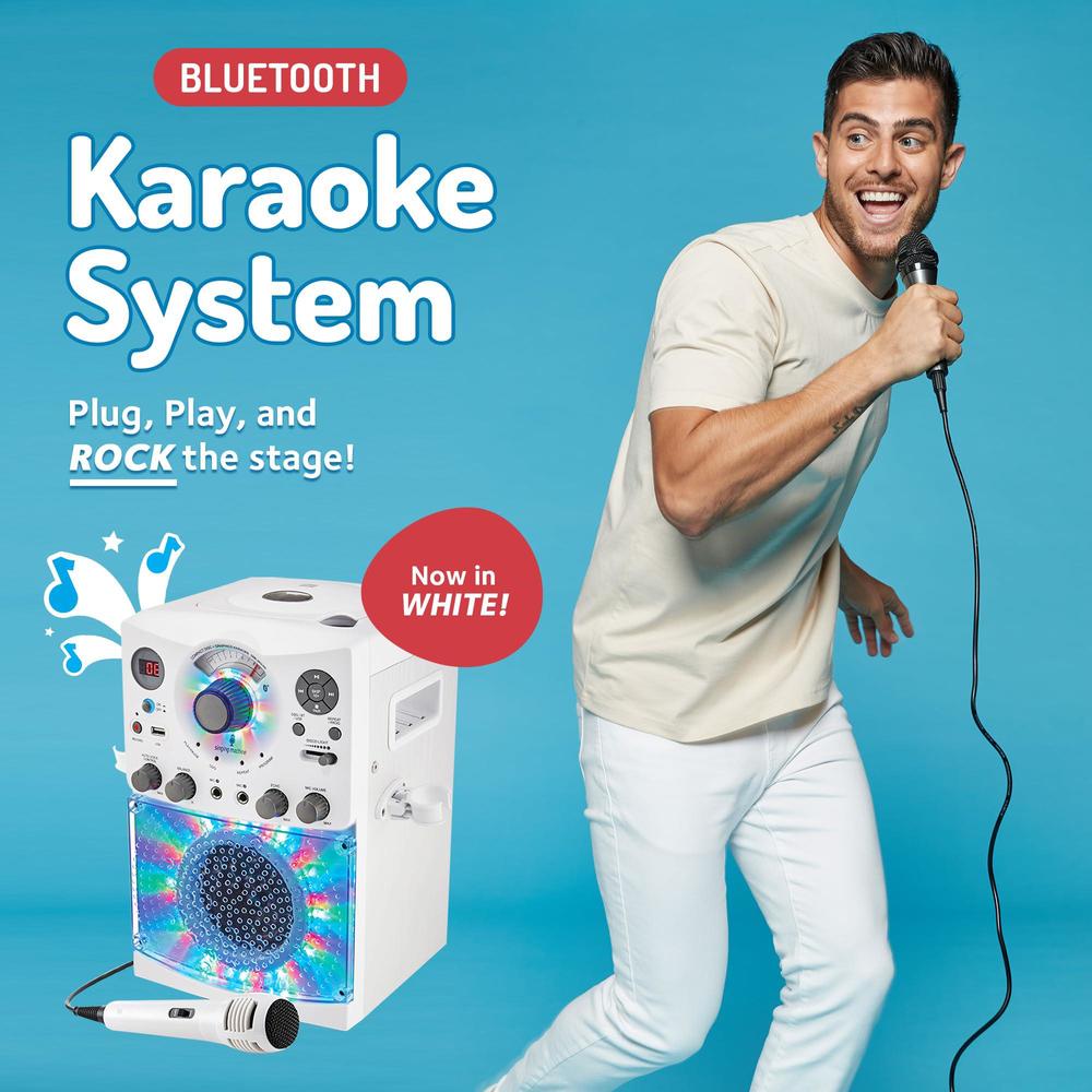 singing machine portable karaoke machine for adults & kids with wired microphone, white - built-in karaoke speaker, bluetooth