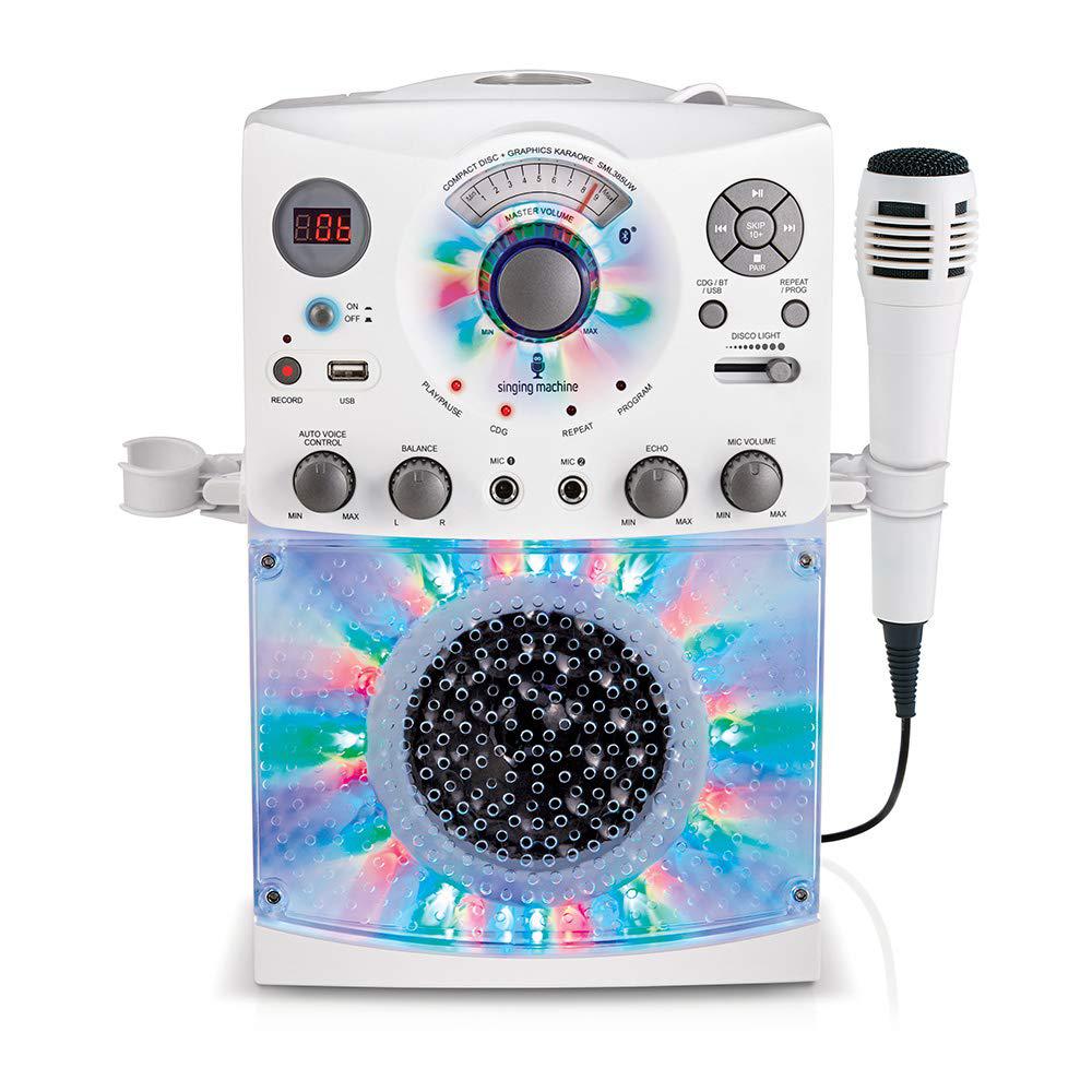 singing machine portable karaoke machine for adults & kids with wired microphone, white - built-in karaoke speaker, bluetooth
