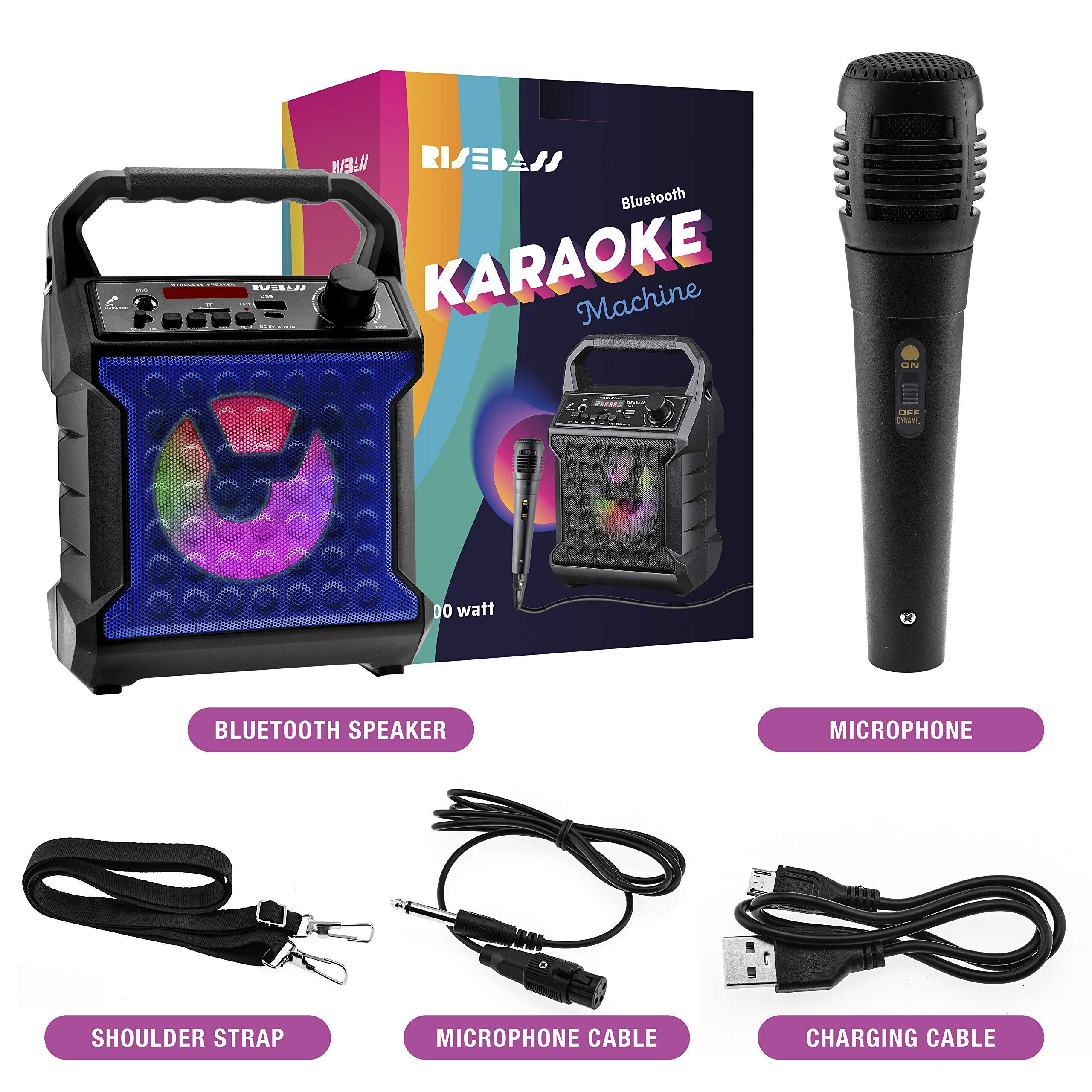 risebass portable karaoke machine with microphone - home karaoke system with party lights for kids and adults - rechargeable 