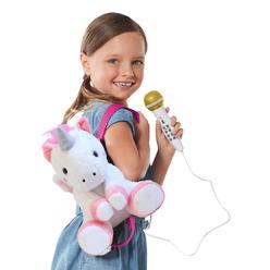 singing machine portable karaoke machine for kids, plush toy backpack with microphone - the sing along crew, uni queen (white