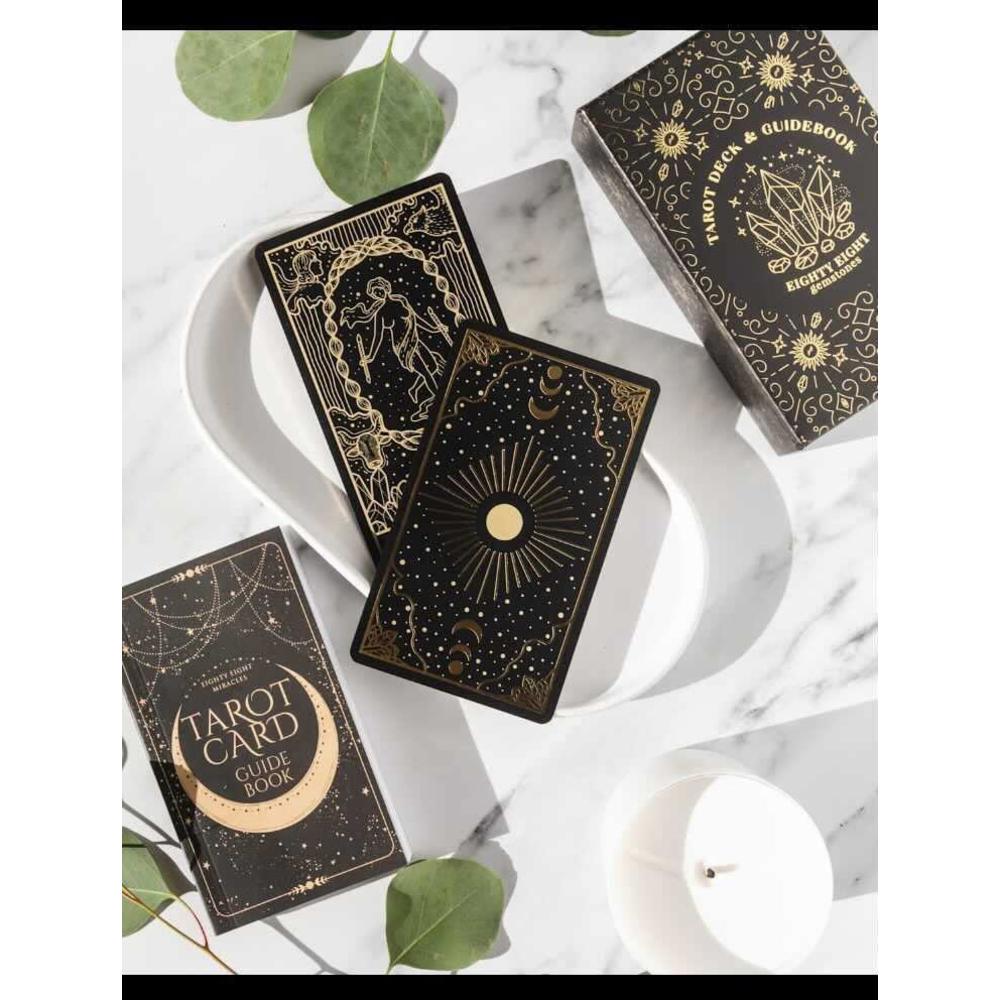 eighty eight miracles mystical gold foil and black tarot cards with guide book for beginner tarot readers; large tarot deck e