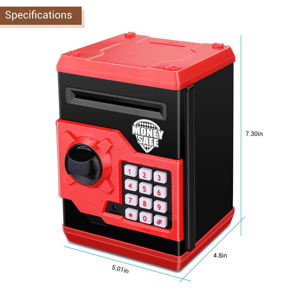 renvdsa cartoon electronic atm password piggy bank cash coin can auto scroll paper money saving box gift for kids (black red)