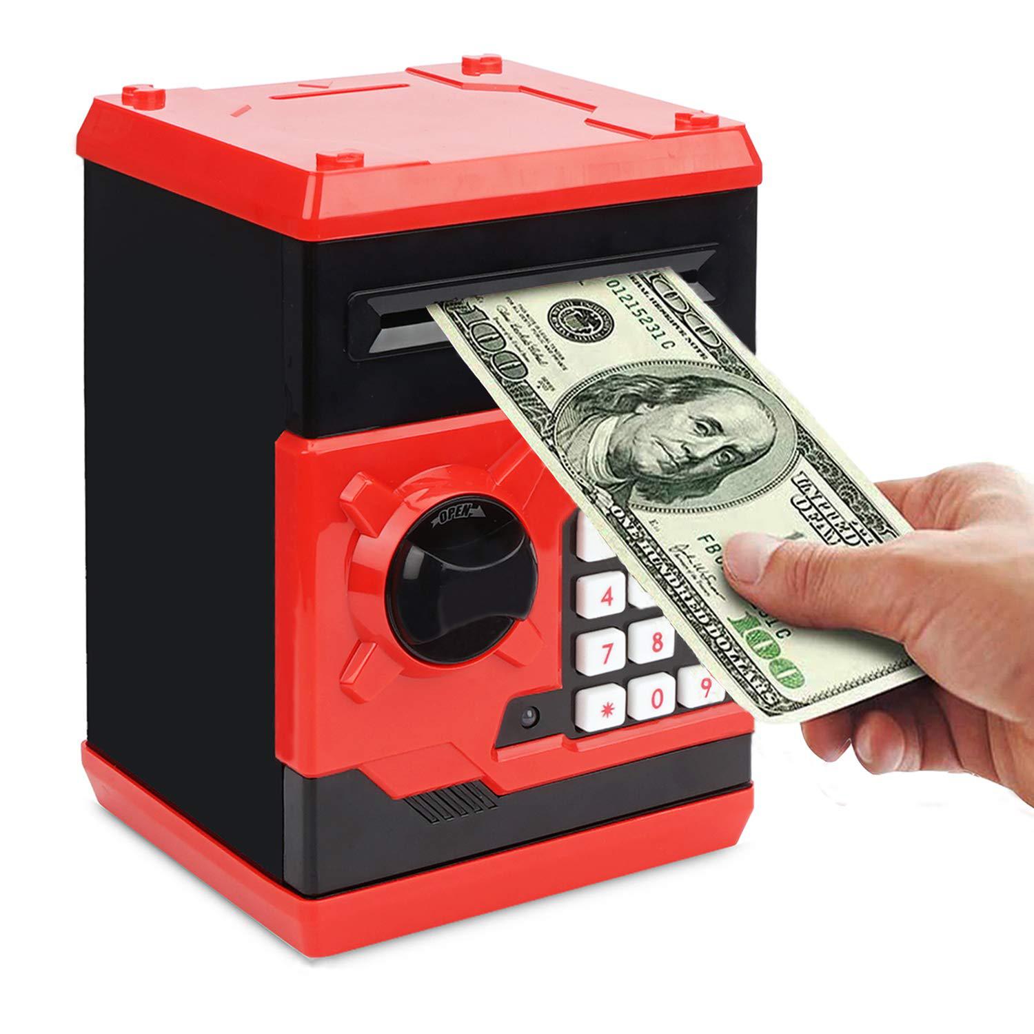 setibre piggy bank, electronic atm password cash coin can auto scroll paper money saving box toy gift for kids (red)