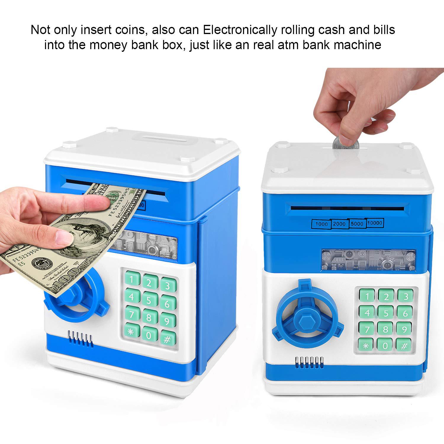 setibre piggy bank, electronic atm password cash coin can auto scroll paper money saving box toy gift for kids (blue)