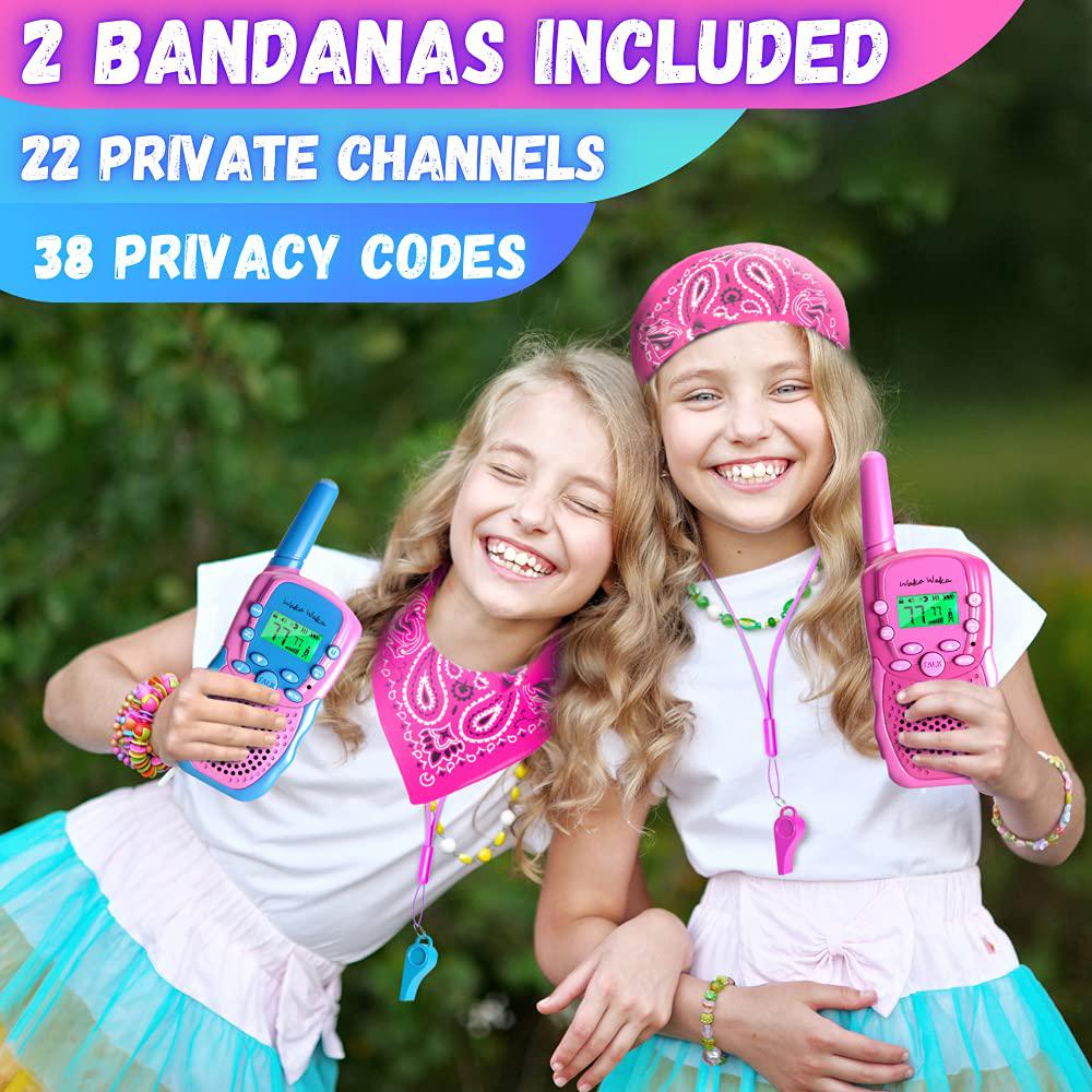 waka waka walkie talkies for kids (2 pack, pink and light blue) - long range two-way walkie talkie set with bandanas and whis