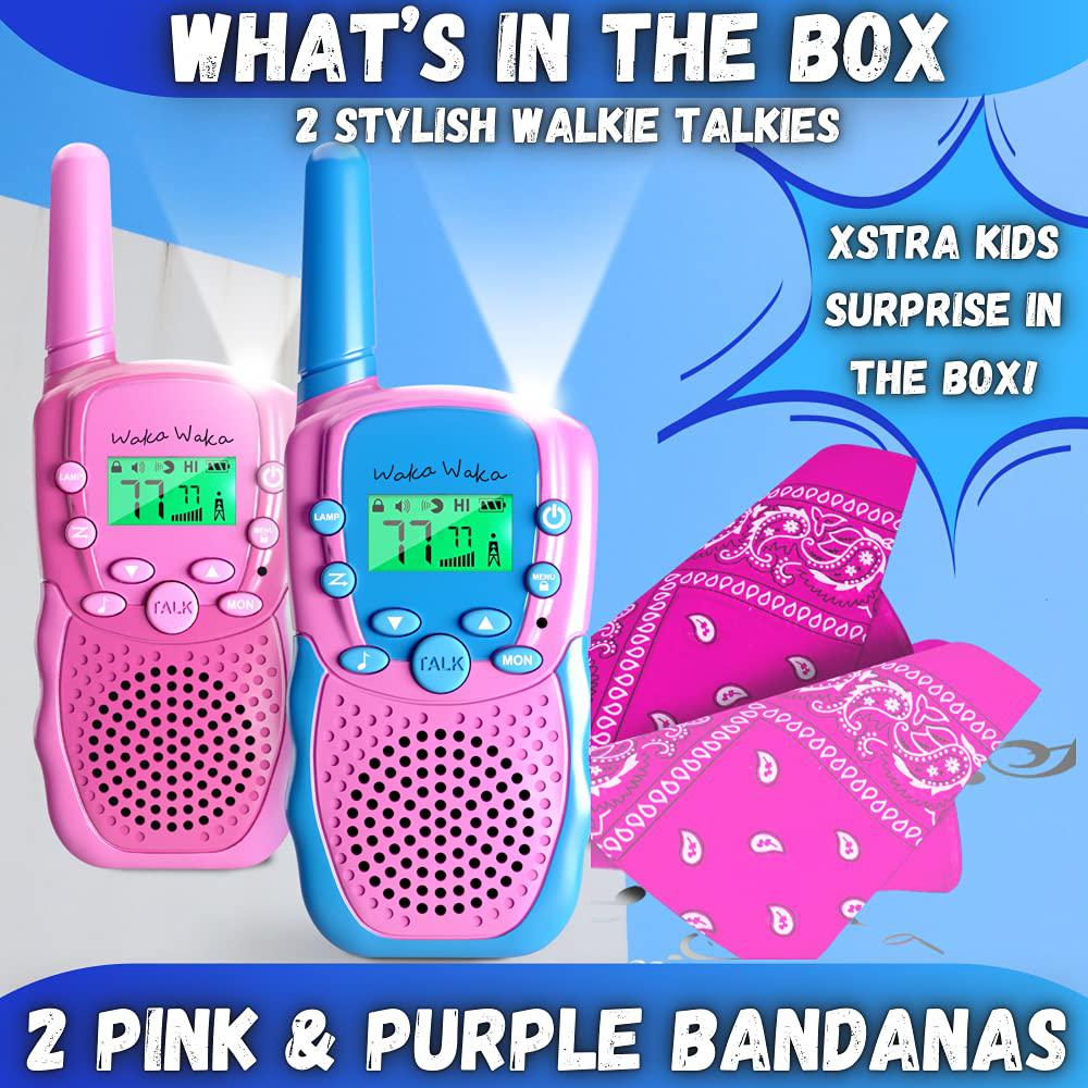 waka waka walkie talkies for kids (2 pack, pink and light blue) - long range two-way walkie talkie set with bandanas and whis