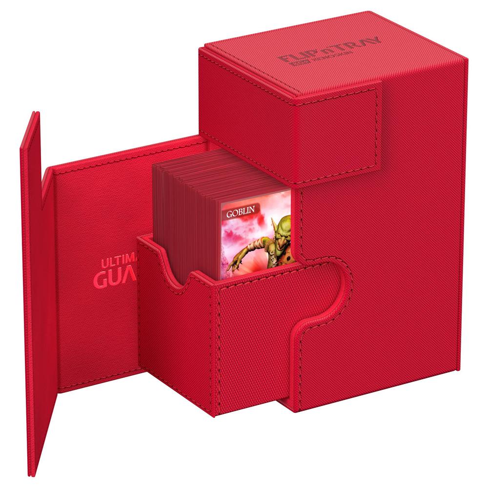 ultimate guard flip 'n' tray 80+, deck case for 80 double-sleeved tcg cards + dice tray, red, independent magnetic closure & 