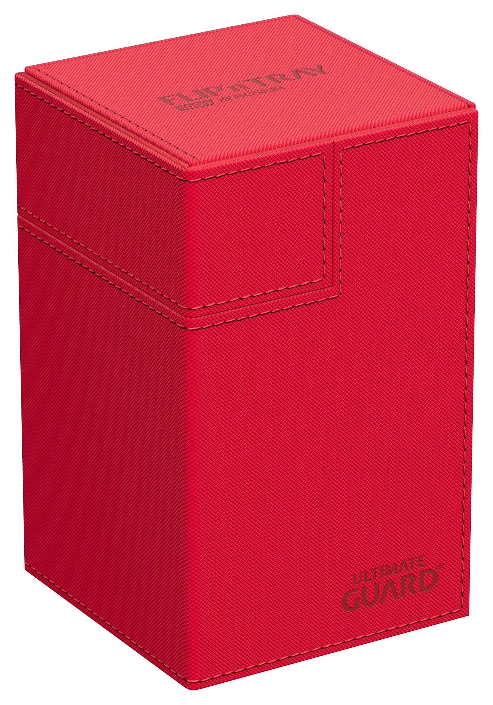 ultimate guard flip 'n' tray 100+, deck case for 100 double-sleeved tcg cards + dice tray, red, independent magnetic closure 