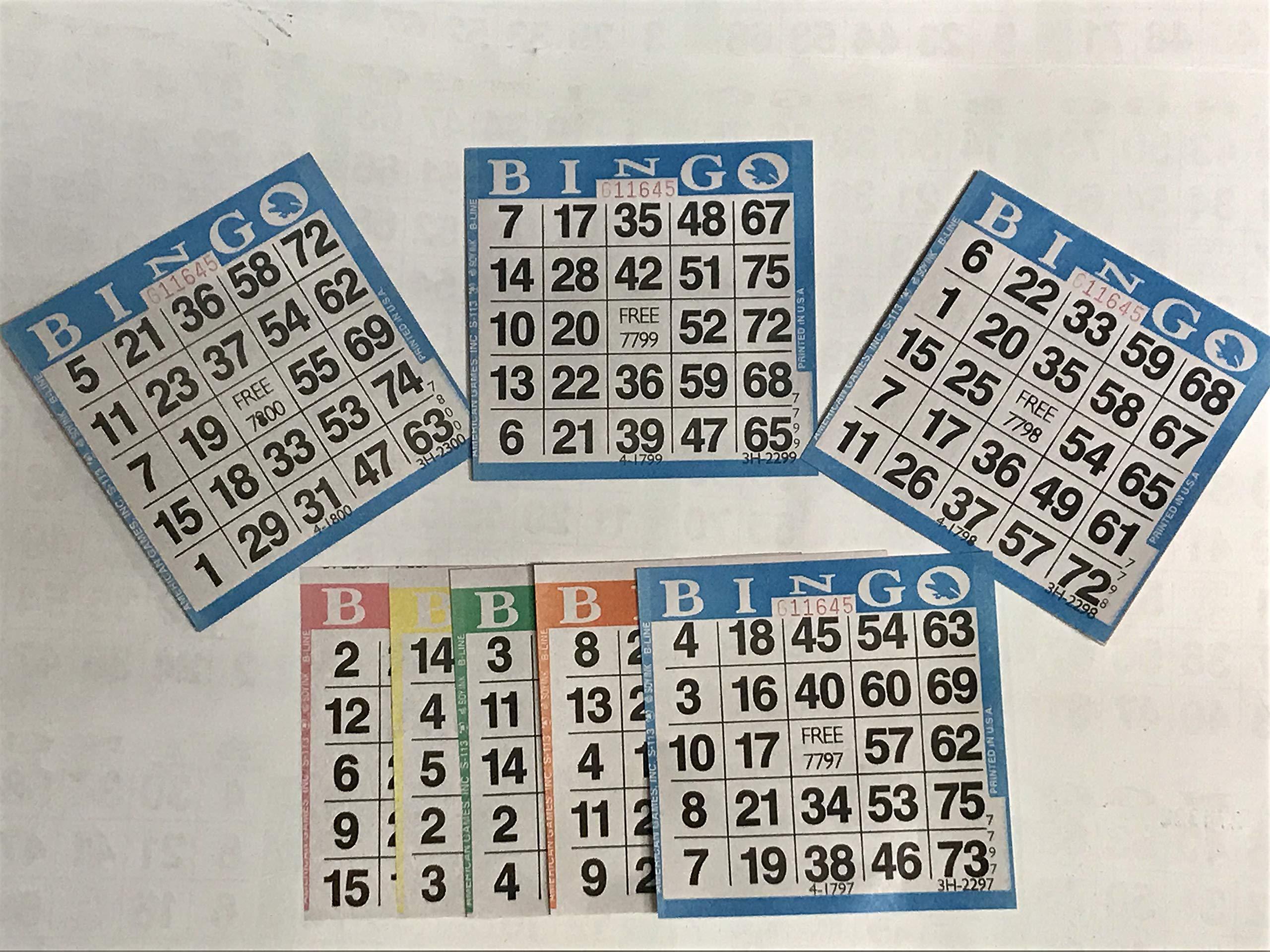 american games bingo paper game cards - 1 card - 5 bingo sheets - 300 books - standard size (4" square) - 5 colors, made in u