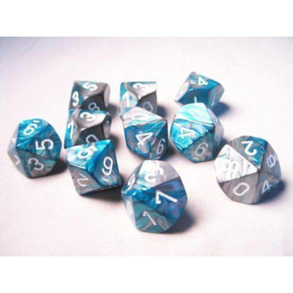 chessex dice sets: gemini steel & teal with white - ten sided die d10 set (10)
