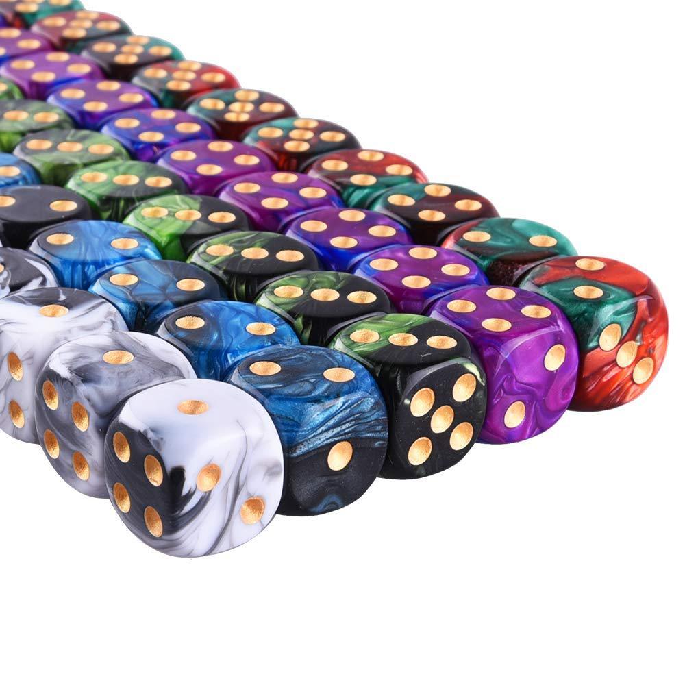 austor 50 pieces 6 sided game dice set 5 two tone colors dice with gold pips round corner dice for playing games like tenzi, 
