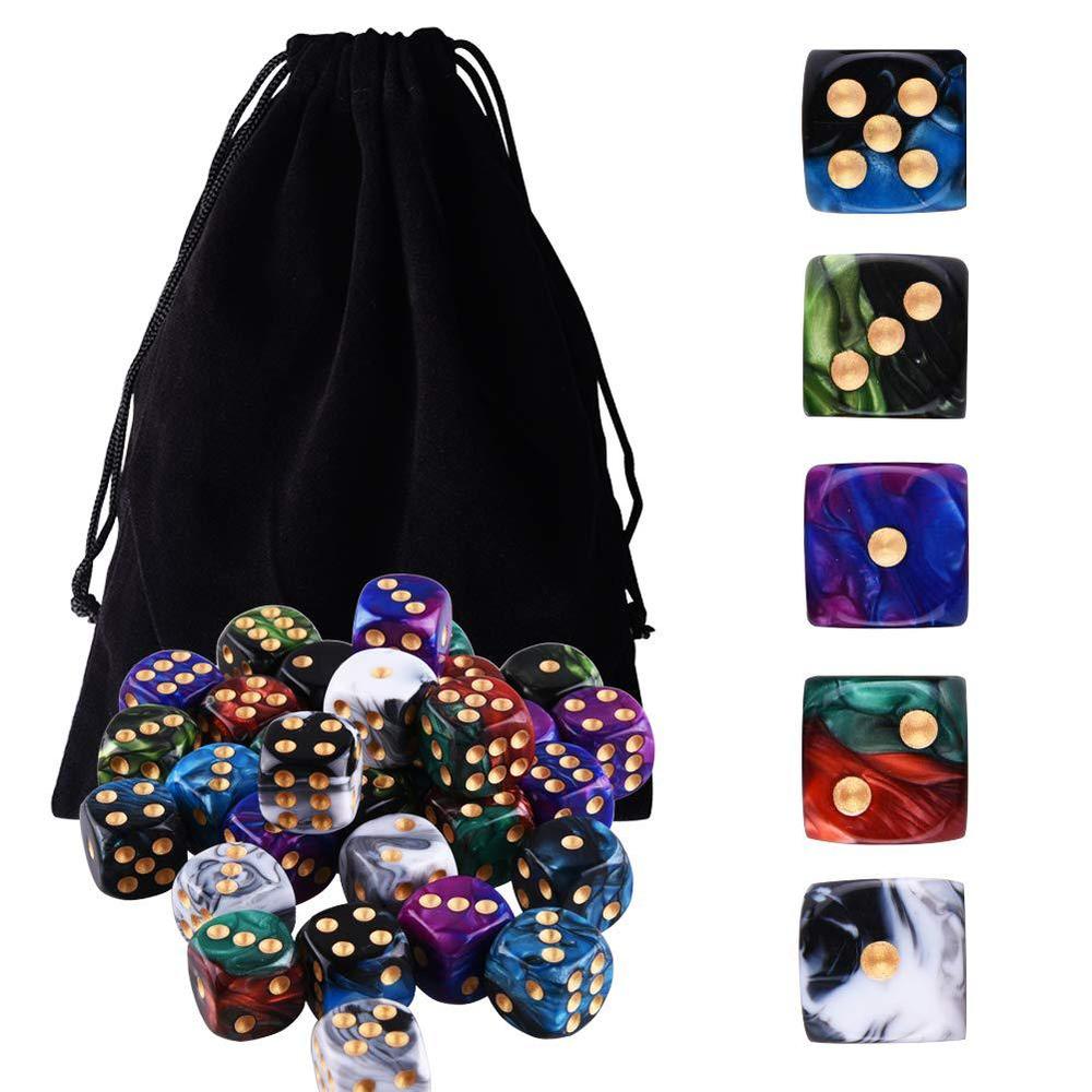 austor 50 pieces 6 sided game dice set 5 two tone colors dice with gold pips round corner dice for playing games like tenzi, 