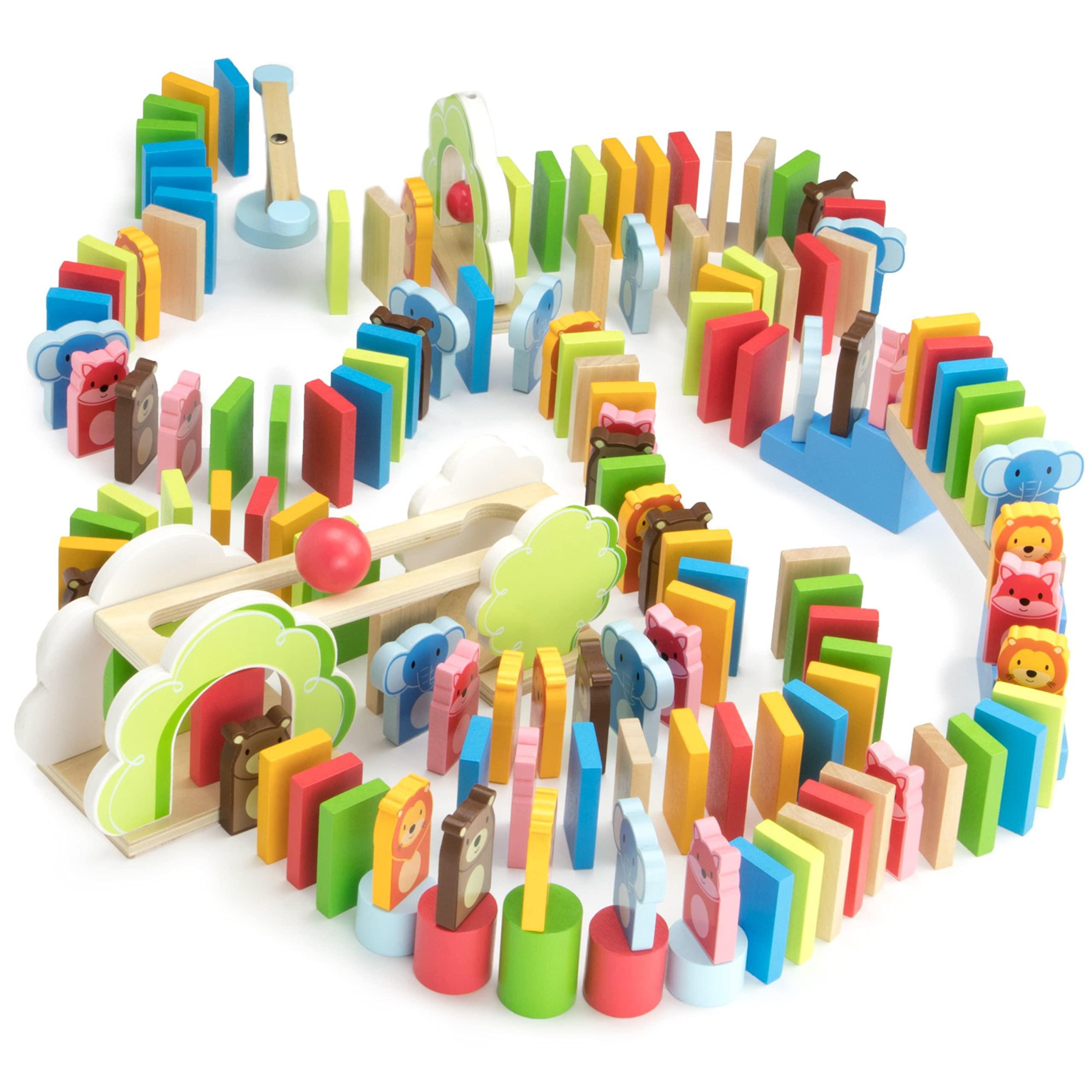imagination generation zoo animals domino rally adventure kids playset, with 4 animal shapes, 5 stunts, & carrying case (144 