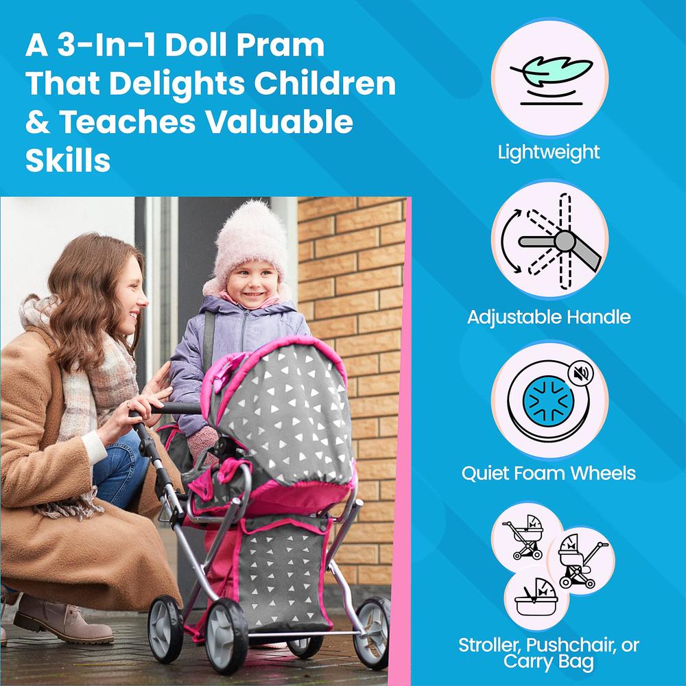 kinderplay baby doll stroller | baby doll pram | baby doll carriage - stroller for baby dolls with adjustable handle (14.37-2
