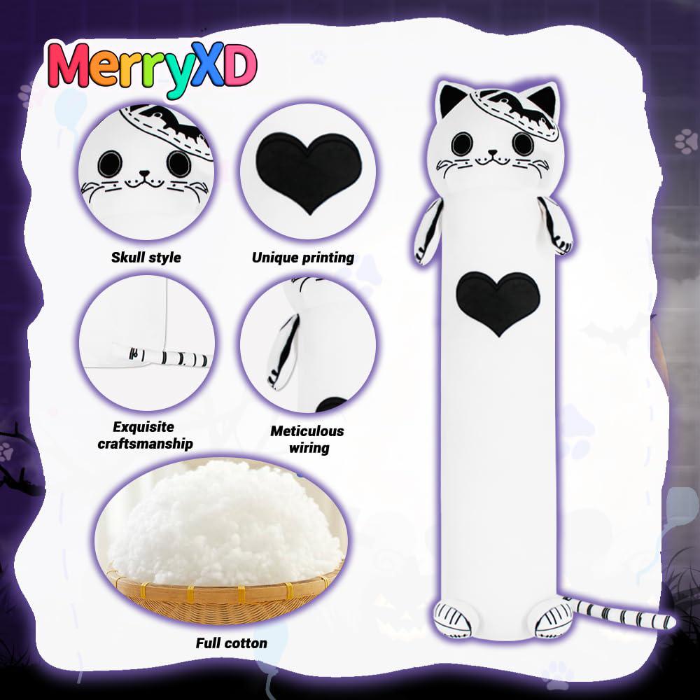 merryxd kawaii long cat plush body pillow,28soft cute white stuffed animals plushies, kids big doll toys, ideal gifts for cud
