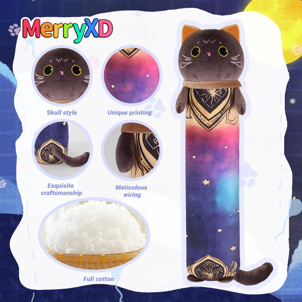 merryxd kawaii long cat plush body pillow, 36soft cute black stuffed animals plushies, kids big doll toys, ideal gifts for cu