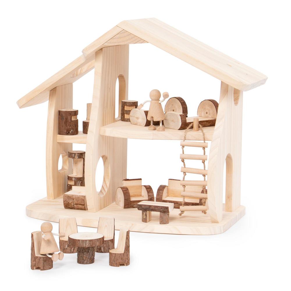 guidecraft woodlands wooden multi-floor dollhouse set with furniture - kids educational toy play house