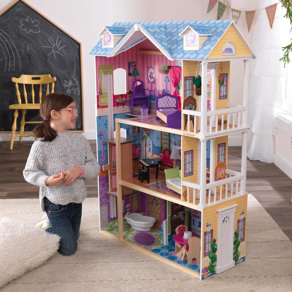 kidkraft my dreamy wooden dollhouse with lights and sounds, elevator and 14 accessories, gift for ages 3+