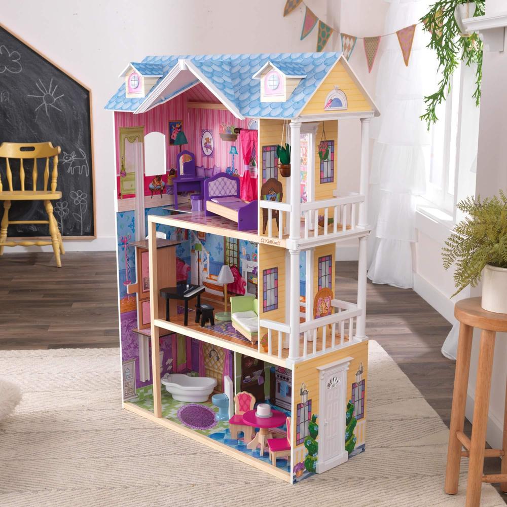 kidkraft my dreamy wooden dollhouse with lights and sounds, elevator and 14 accessories, gift for ages 3+