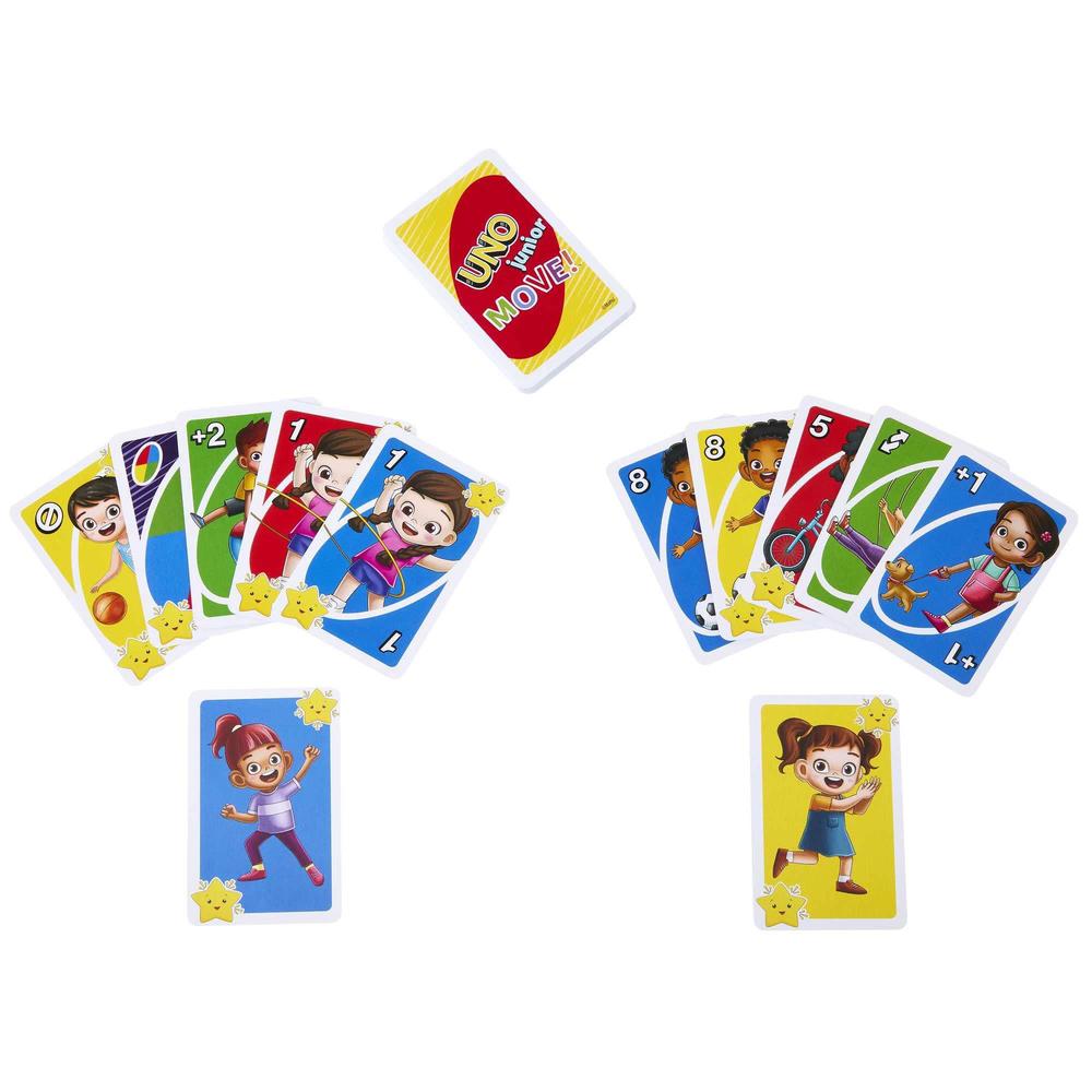mattel games uno junior move! card game for kids with active play, simple rules, 3 levels of play and matching