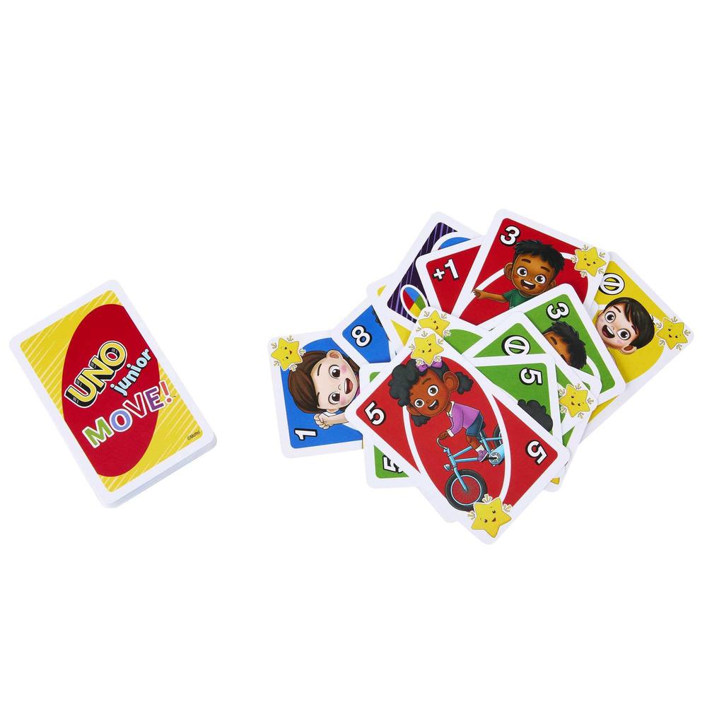 mattel games uno junior move! card game for kids with active play, simple rules, 3 levels of play and matching