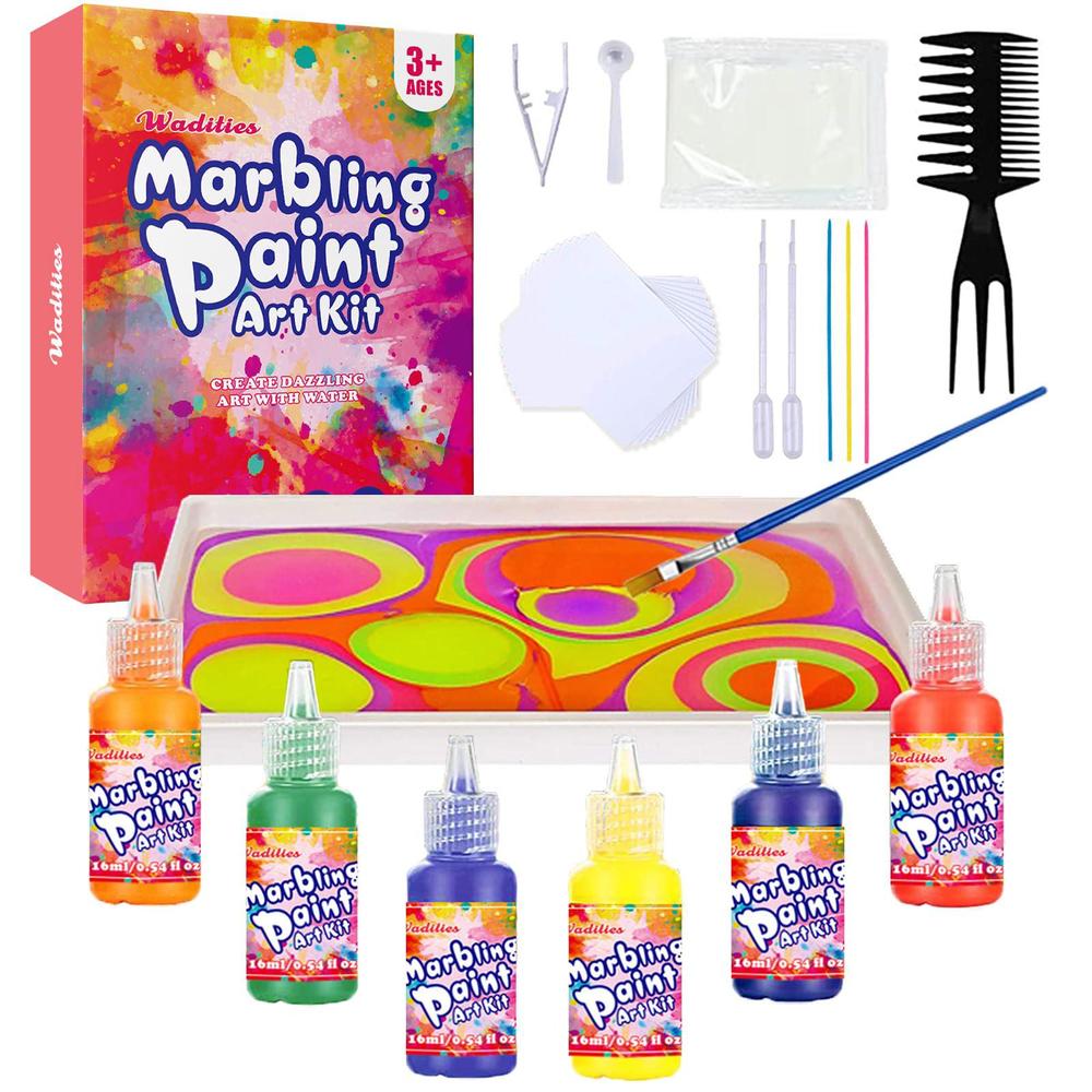 wadities marbling paint art set, 6 colours water painting graffiti set, creative crafts for girls and boys aged 3-12, craft s