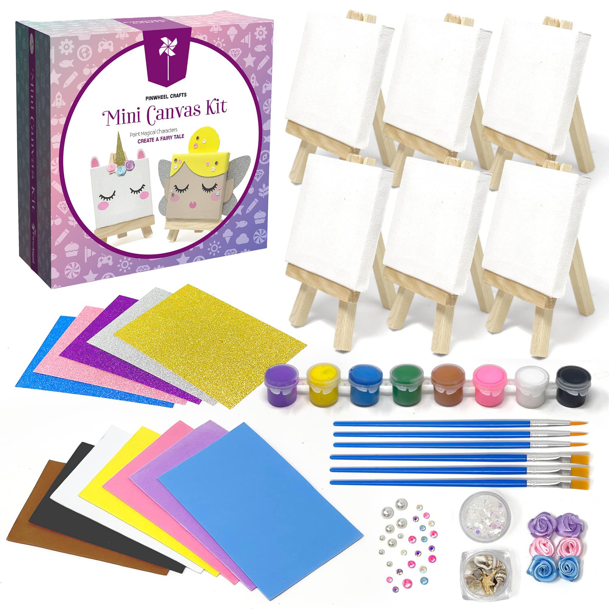 Pinwheel Crafts pinwheel crafts mini canvas & easel set, miniature painting  kit for kids, 6 small canvas panels value pack with paint brushes