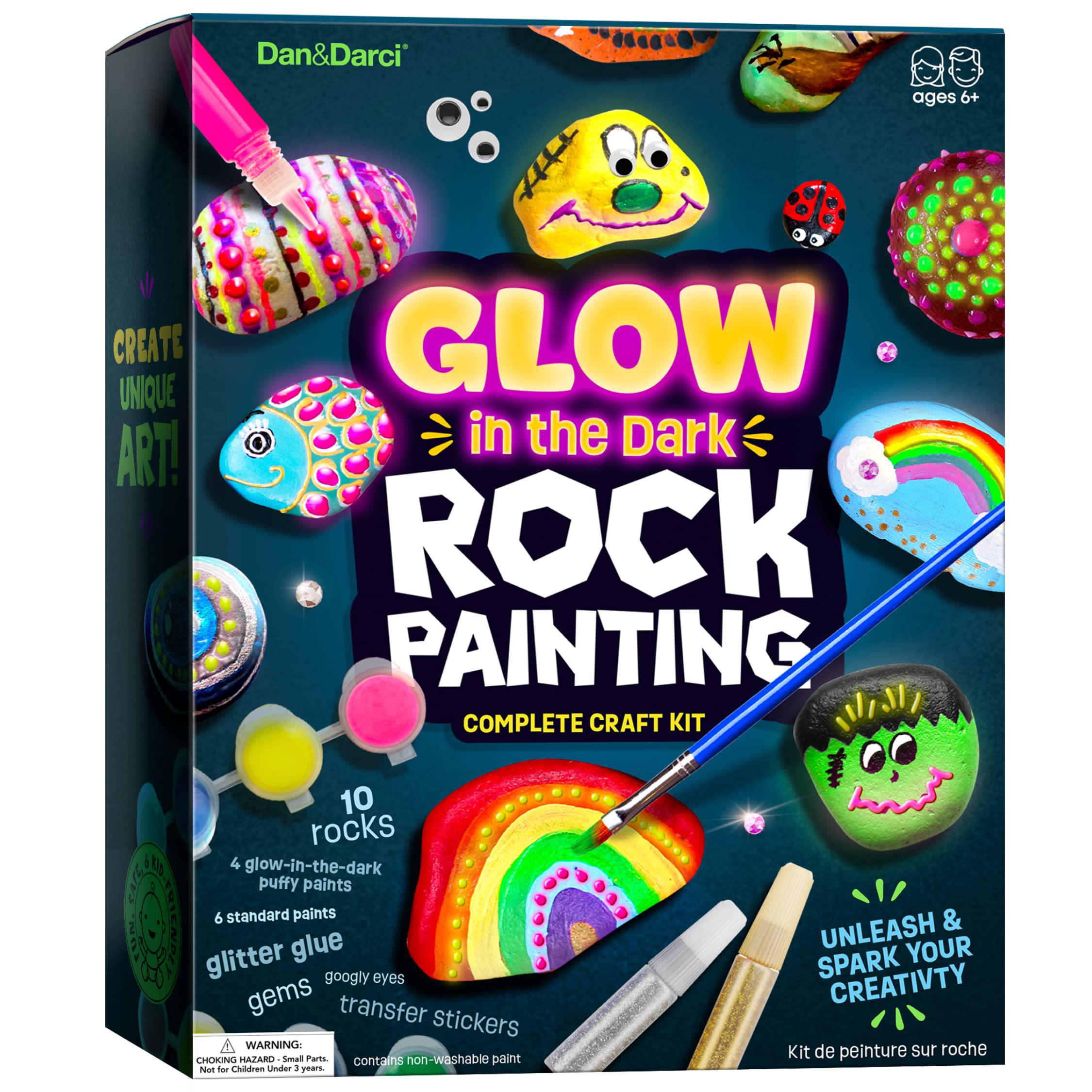 Dan&Darci kids rock painting kit - glow in the dark - arts & crafts gifts  for boys and girls ages 4-12 - craft activities kits - creati
