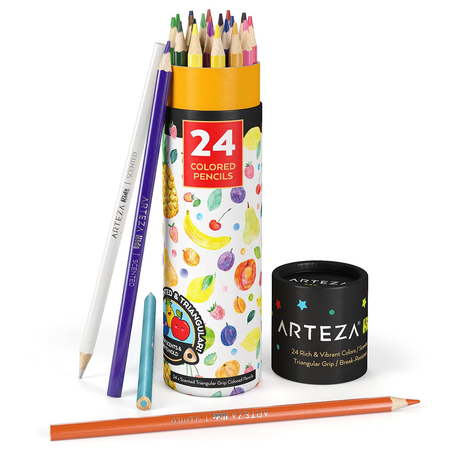 arteza kids scented colored pencils, set of 24 easy-to-grip pencil crayons, triangular shape, pre-sharpened, art and school s