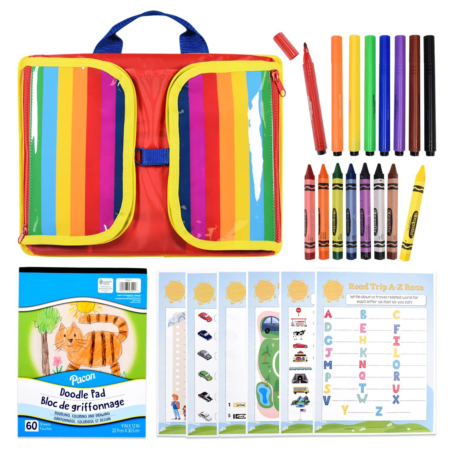SWAGITLOUD travel activity kit with lap tray - kids lap desk with art supplies & games - portable car coloring kit - airplane & roadtrip