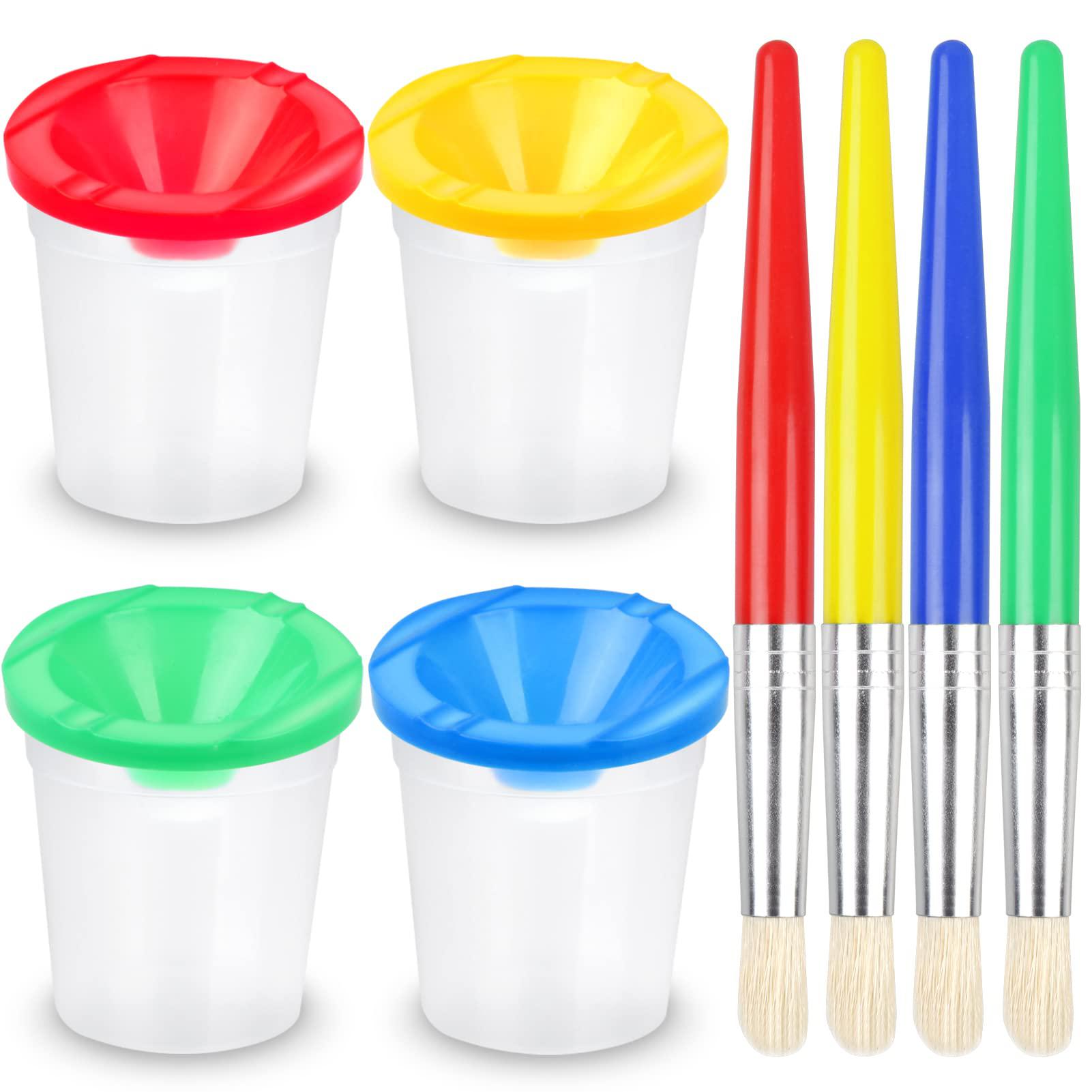 rnkp 4 pieces kids anti-spill paint cups, kids paint cups with lids,  painting paint brushes, non-spill paint cups set for tod