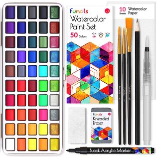 funcils watercolor paint set - 50 travel watercolors water colors for  adult, kids, beginners, professional artists | palette
