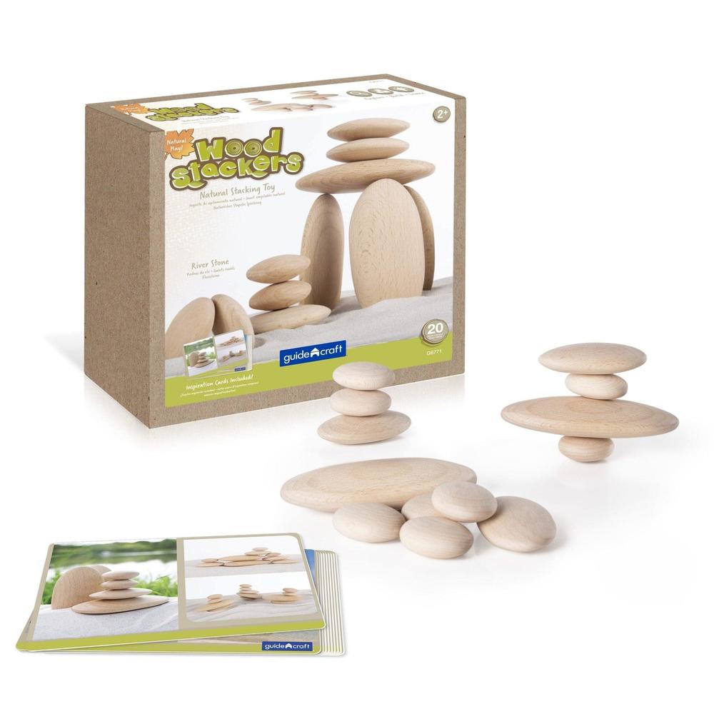 guidecraft wood stackers - river stones: 20 natural building blocks set for children, develop fine motor skills